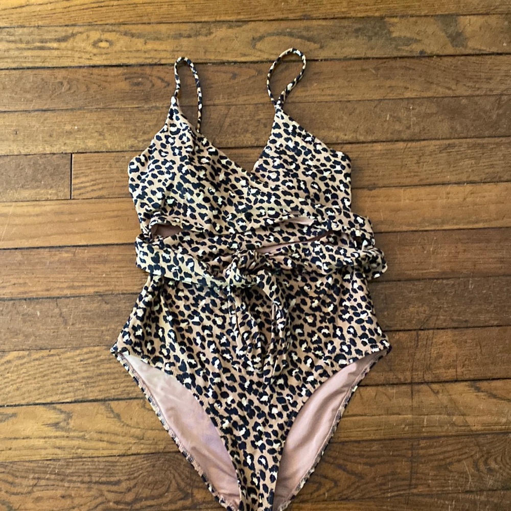 aerie Leopard Print One-Piece Swimsuit in Tan and Black